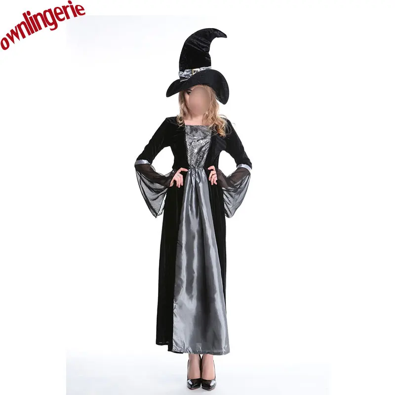 Все Черный готический костюм ведьмы длинный рукав косплей платье с шляпой для Хэллоуина женщин w1925