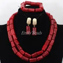 2 ряда натуральный красный Настоящее коралловые Бусины Цепочки и ожерелья Серьги браслет комплект ювелирных изделий Африканский Свадебный в нигерийском стиле Бусины комплект cj590
