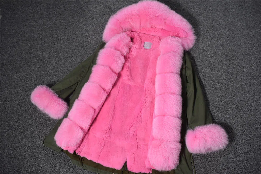 Настоящая меховая парка, пальто с капюшоном, куртка с подкладкой из кроличьего меха, толстые меховые парки, женские зимние пальто с капюшоном из натурального меха лисы - Цвет: Green-pink