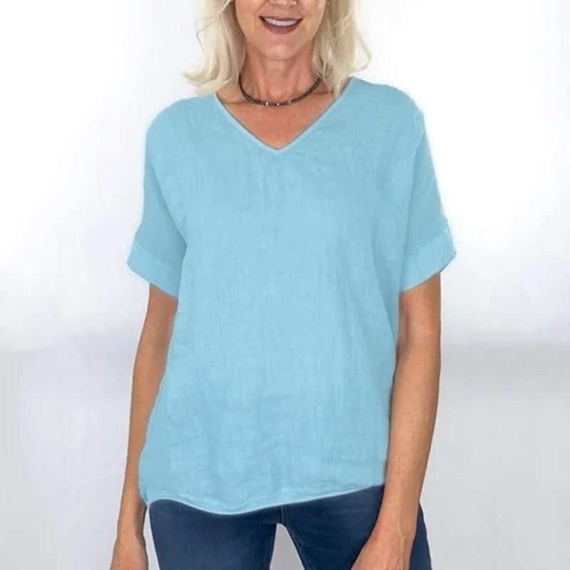 Wepbel عارضة الصيف T قميص المرأة فضفاضة الأساسية تي شيرت برقبة مثلثة بلون المحملة قميص الإناث أعلى قصيرة الأكمام
