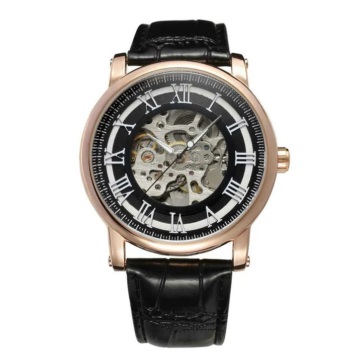 Классические Элегантные женские часы люксовый бренд Победитель механические часы с кожаным ремешком римская цифра Скелет наручные часы - Цвет: RG-BLACK