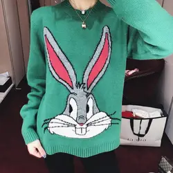 2018 осень зима Для женщин вязать кролика Свитера, пуловеры с длинными рукавами и круглым вырезом; Camisola свободные Джемперы одежда