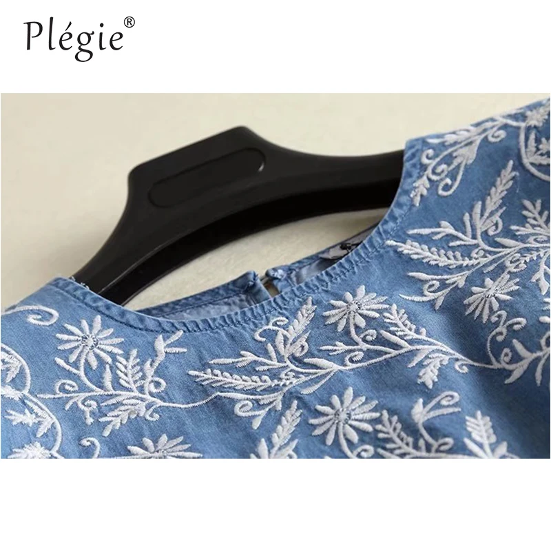 Женское джинсовое платье-рубашка Plegie, мягкое Плиссированное Платье-рубашка с круглым вырезом и коротким рукавом, Осень-зима 2019 Женское джинсовое платье-рубашка Plegie, мягкое Плиссированное Платье-рубашка с круглым вырезом и коротким рукавом, Осень-зима 2019