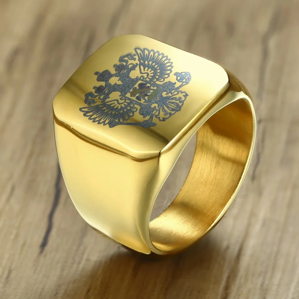 

National Symbols Men Signet Ring Laser Engraving Symbol of Russian State Emblem Stainless Steel Male Rings Jewelry