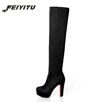 

feiyitu New large size 34-43 fashion platform high heel party dancing shoes women over the knee boots woman lady footwear