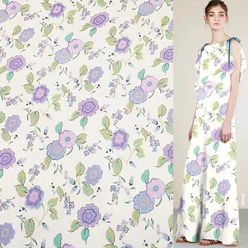 

Light purple floral print pure silk fabric silk crinkle georgette fabric,SCG501