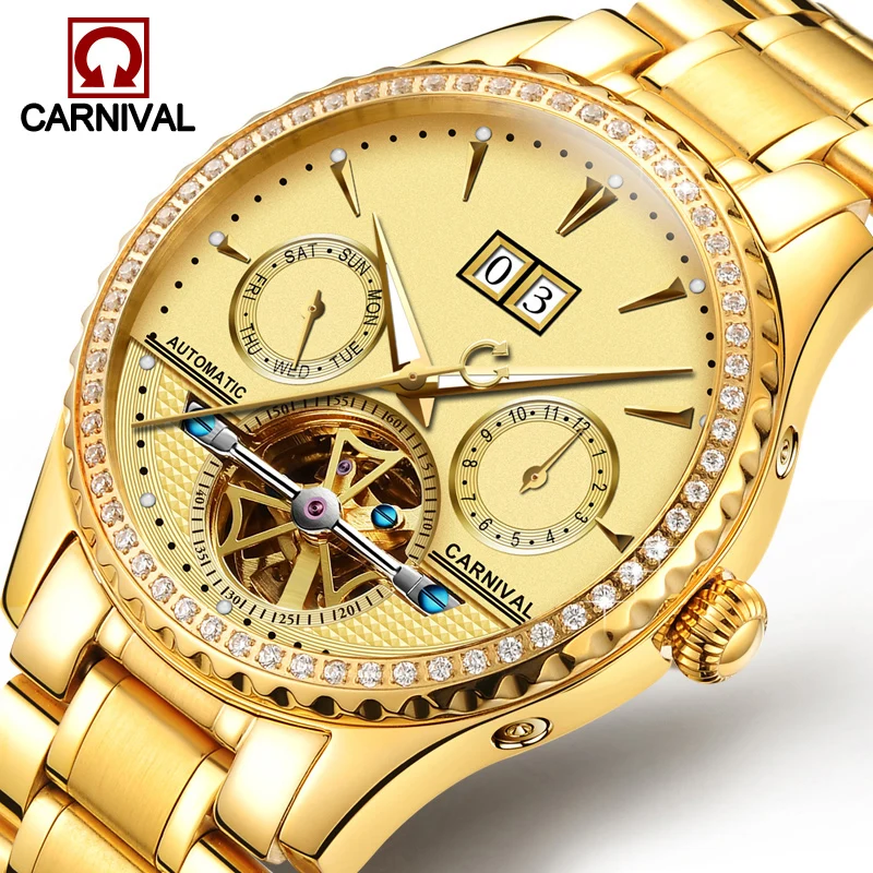 Carnival Watch Men Automatic Mechanical Luminous All Gold Stainless Steel Waterproof Date Week tourbillon Watches Carnival Watch Men Automatic Mechanical Luminous All Gold Stainless Steel Waterproof Date Week tourbillon Watches