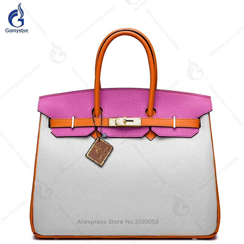 

WHITE Orange Bags Handmade 100% Real Leather Patchwork Tote women Soulder Bags Crossbody Handbag Gold lock Free Shipping