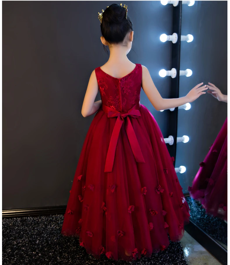 Красное Тюлевое платье для девочек; платье с цветочным узором для девочек; праздничное кружевное длинное платье принцессы с аппликацией; платье для первого причастия для девочек