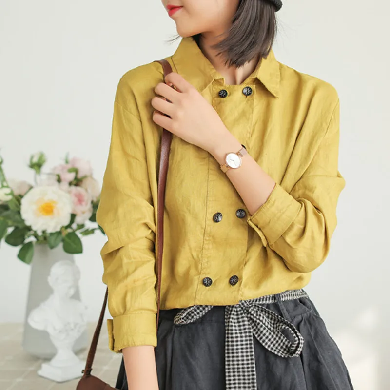 

Casual Spring Cutton Linen Button turn-down Collar Solid Color Blouse Women Loose Regular full-sleeve Blouse