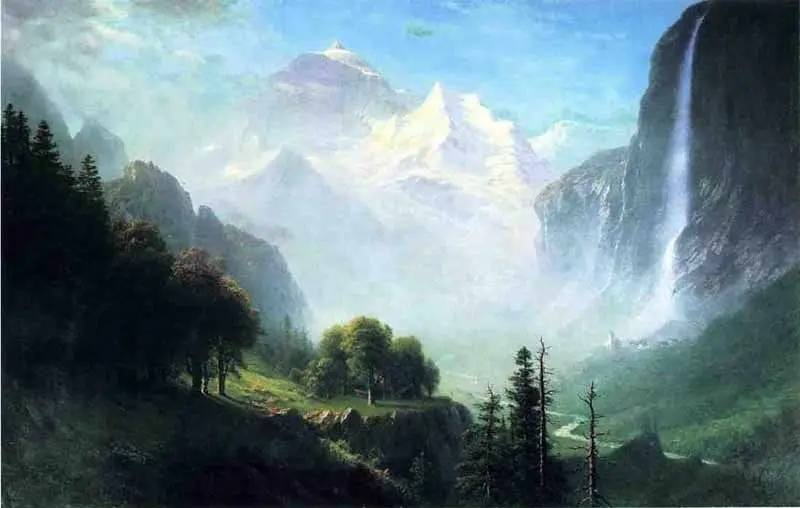 Oil painting wonderful landscape Staubbach Falls Near Lauterbrunnen Switzerland