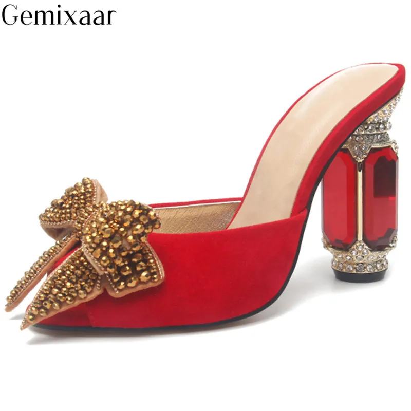 

Chunky High Heel Women Slippers Peep Toe Studded String Beads Bow-knot Beach Shoes Slim Shallow Comfy Insole Round Heel Slippers