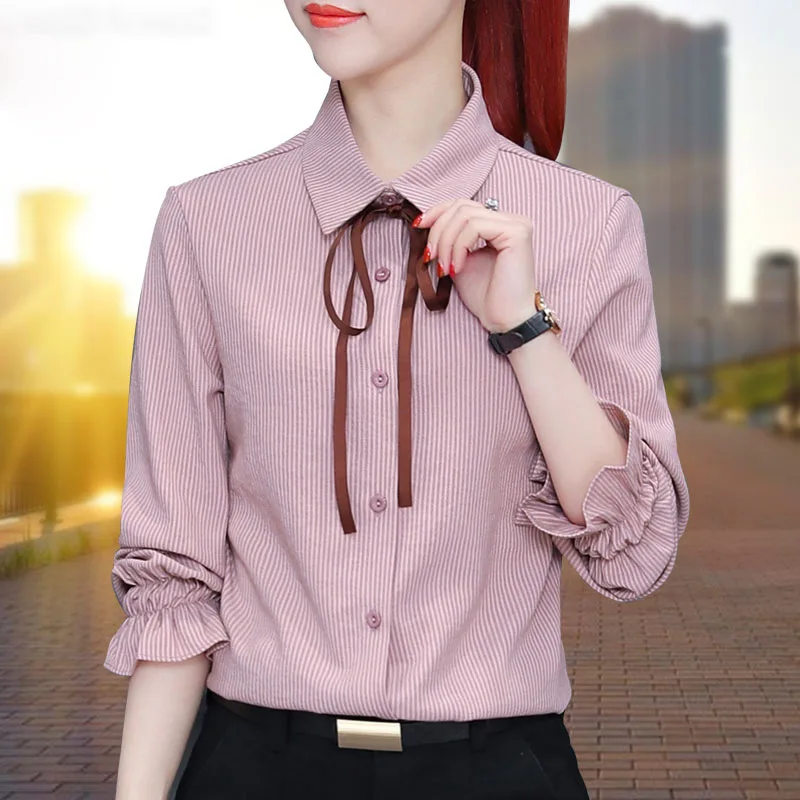 

Autumn Korean new women stripe shirt flare sleeve bowknot slim woman blouses plus size red&white womens tops and blouses