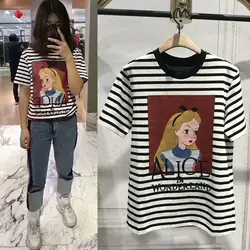 Новинка весны 2019 года, Харадзюку улззанг, мультяшная сказочная футболка с круглым вырезом, полосатая хлопковая трикотажная футболка с