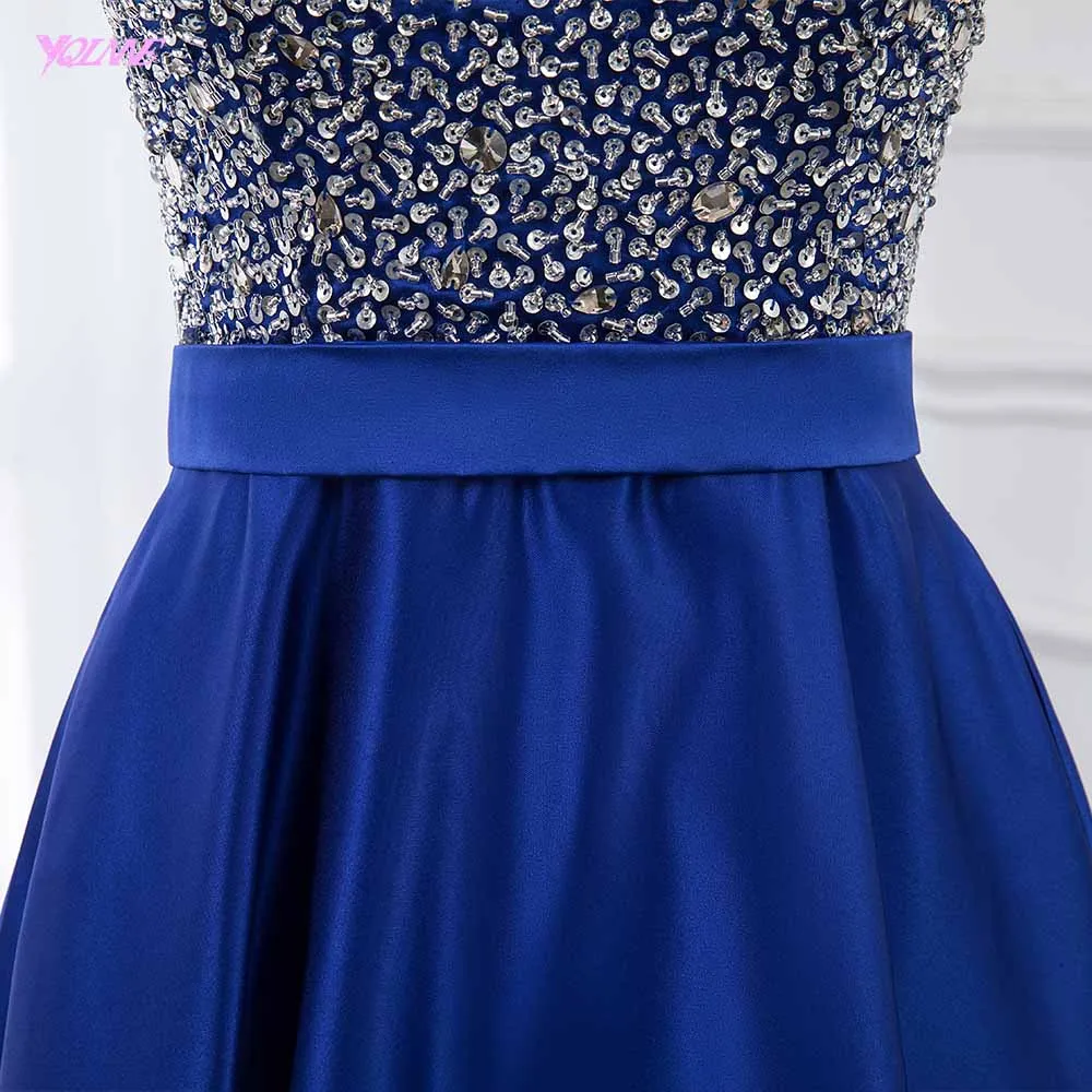 Ярко-синий длинный платья с открытой спиной на выпускной с лямкой на шее Кристаллы вышитый бисером сатин официальная Вечеринка платье YQLNNE