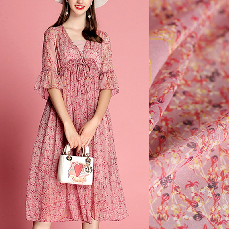 

140CM Wide 10MM Tiny Floral Print Thin Pink Silk Georgette Fabric for Summer Dress Jacket Pants DE1042