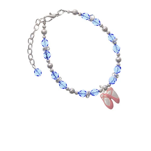 Silvertone Large Pink Ballet Slippers Light Blue Beaded Bracelet