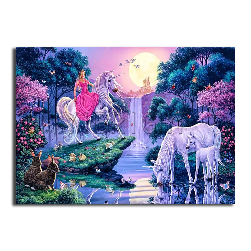

Full Square Diamond embroidery Cross stitch moon waterfall DIY 3D Diamond painting unicorn Full Round Diamond mosaic forest gift