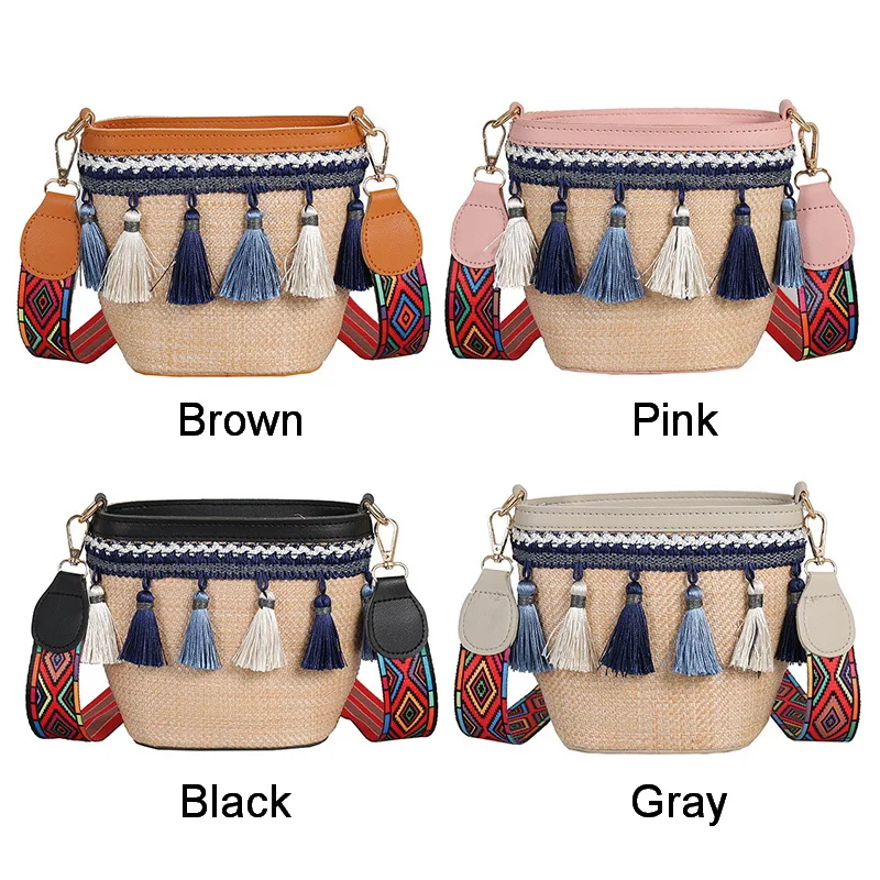 FUNMARDI بوهو الصيف سترو حقيبة المرأة Crossbody حقيبة 2019 أزياء شرابة اللون حزام حقيبة كتف صغيرة النسيج حقيبة شاطئية WLHB1876