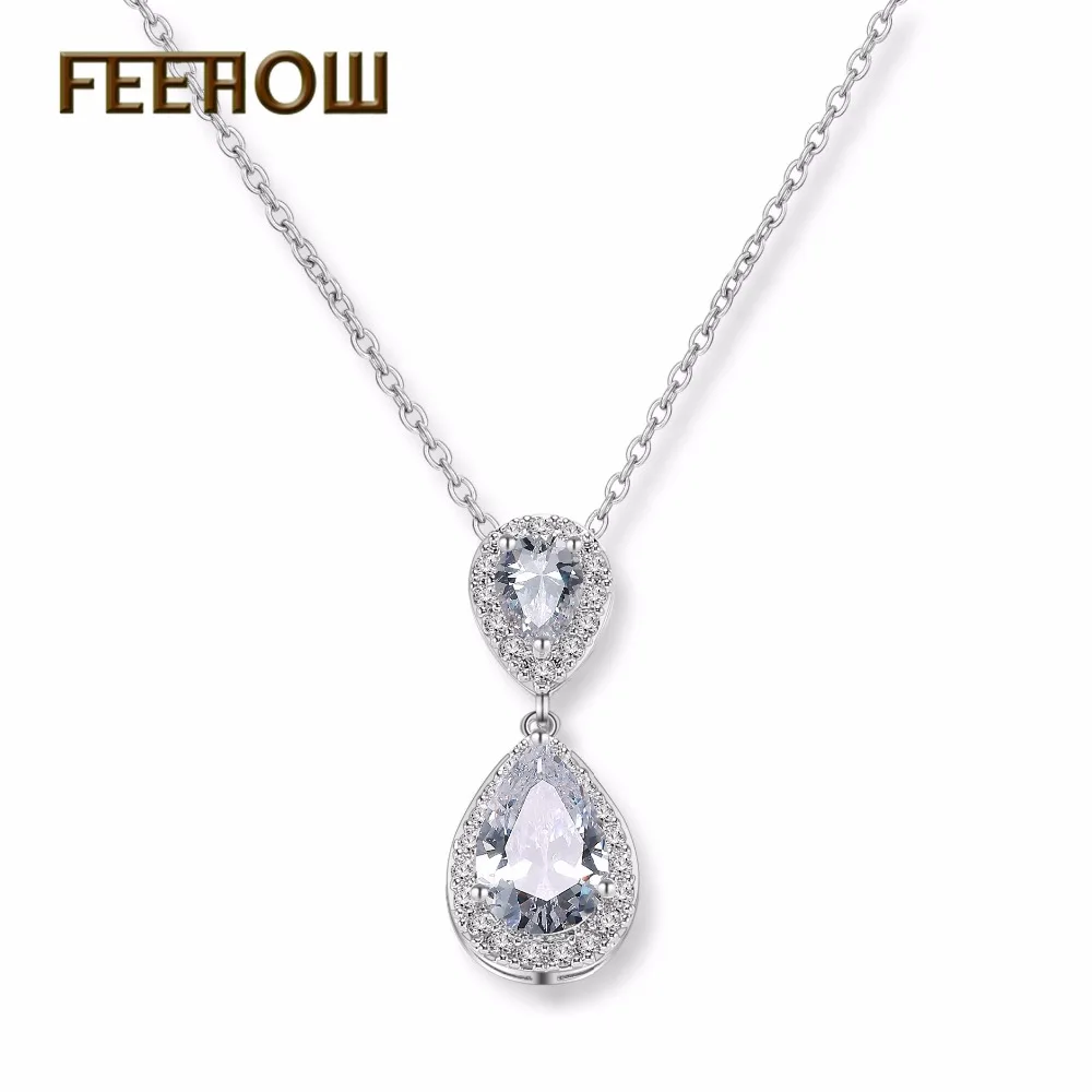 

FEEHOW Dazzling Big Water Drop CZ Pendant Necklaces AAA Cubic Zirconia Crystal Wedding Jewelry For Women Party FWNP068