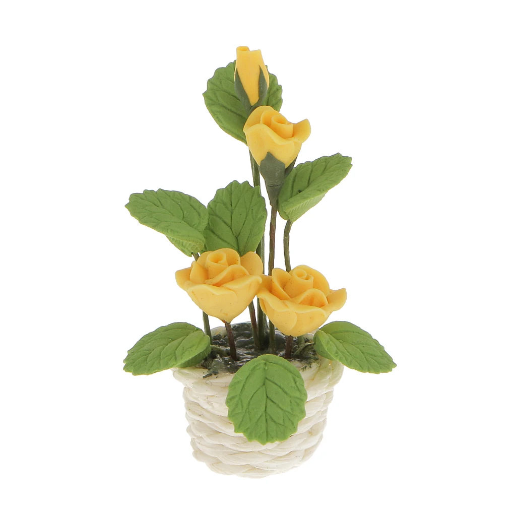Miniature Yellow Rose Buds Flowers in White Rattan Pot Dolls House Fairy Garden Plant Ornament Accessory