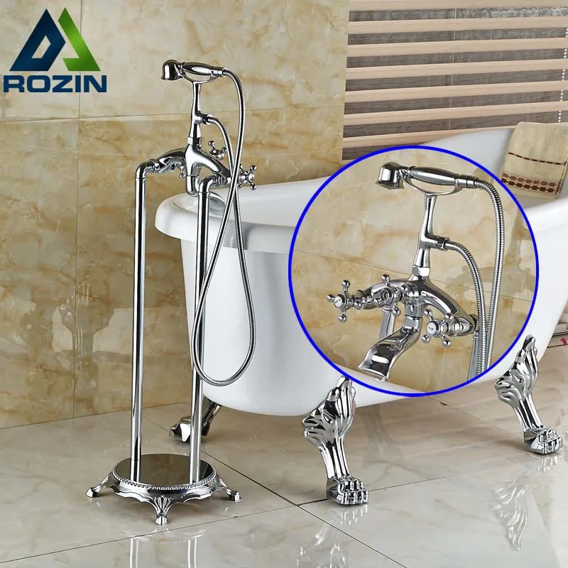 Floor Mount Bath Clawfoot Tub Filler Faucet Tap with Handshower Polished Chrome Telephone Style