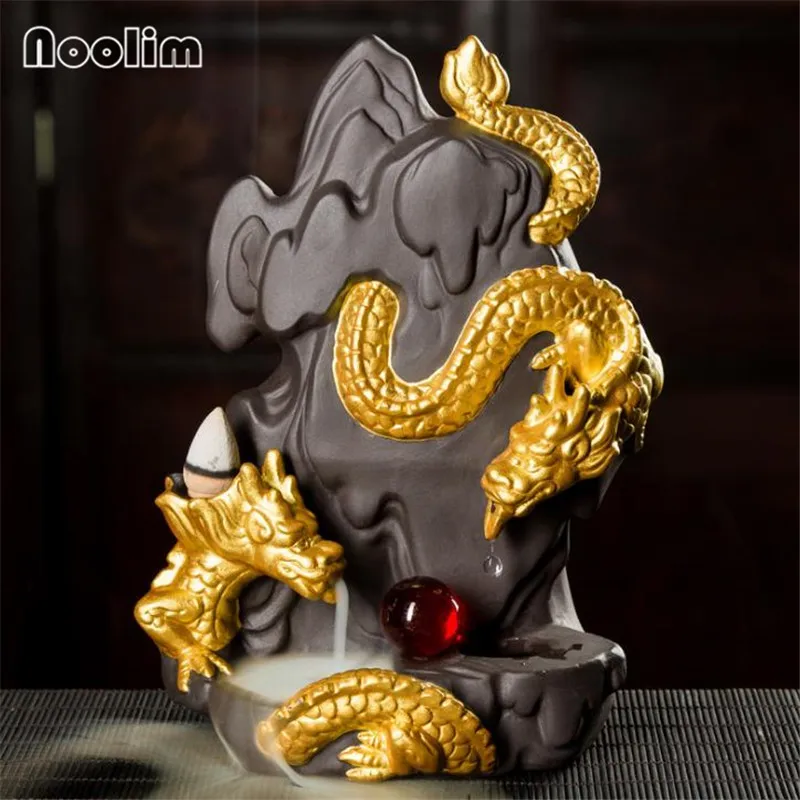 New Gold Dragon Backflow Incense Burner With Crystal Ball Home Office Decor Ornament Aromatherapy Censer Holder+10Pcs Free Cones