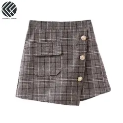 2019 Весна универсальные женская мода плед в Корейском стиле Ulzzang Высокая талия Свободные шерсть повседневное широкие брюки карман для женщи