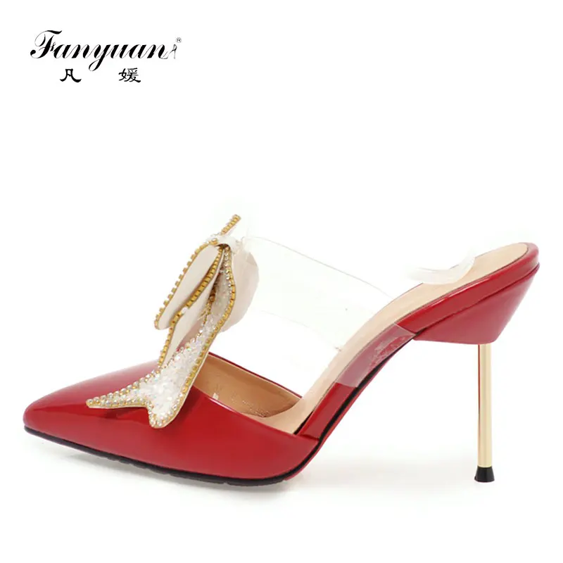 

Fanyuan Women Summer Sandals Bling Bow-knot Woman Shoes Glitter Slides Pointed Toe Stiletto High Heels Ladies Summer Slippers