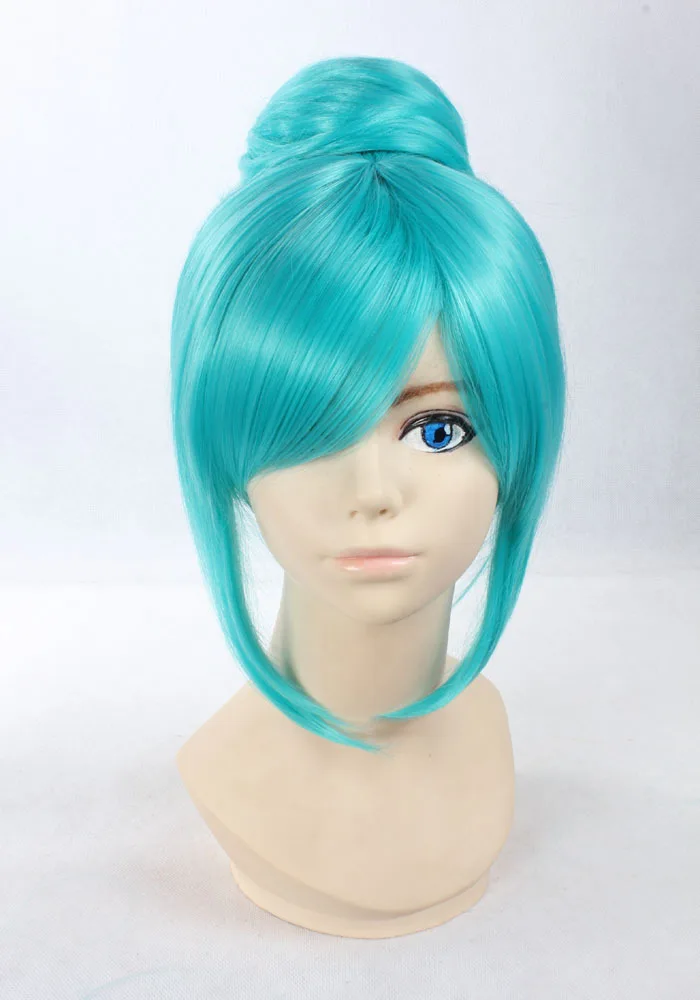 High Quality Thick 45cm Short Straight Blue Wigs with Bun Anime