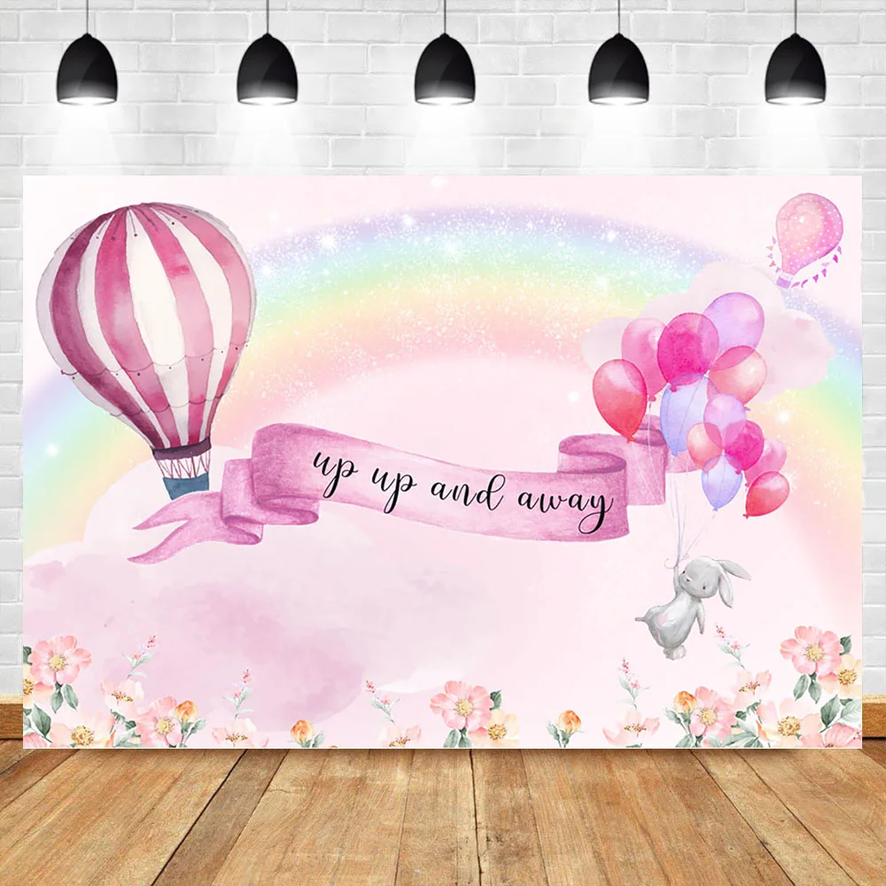 

Pink Hot Air Balloon Backdrop Ballon Rainbown Baby Shower Party Background Photography Cute Rabbit Dessert Table Decorate Props