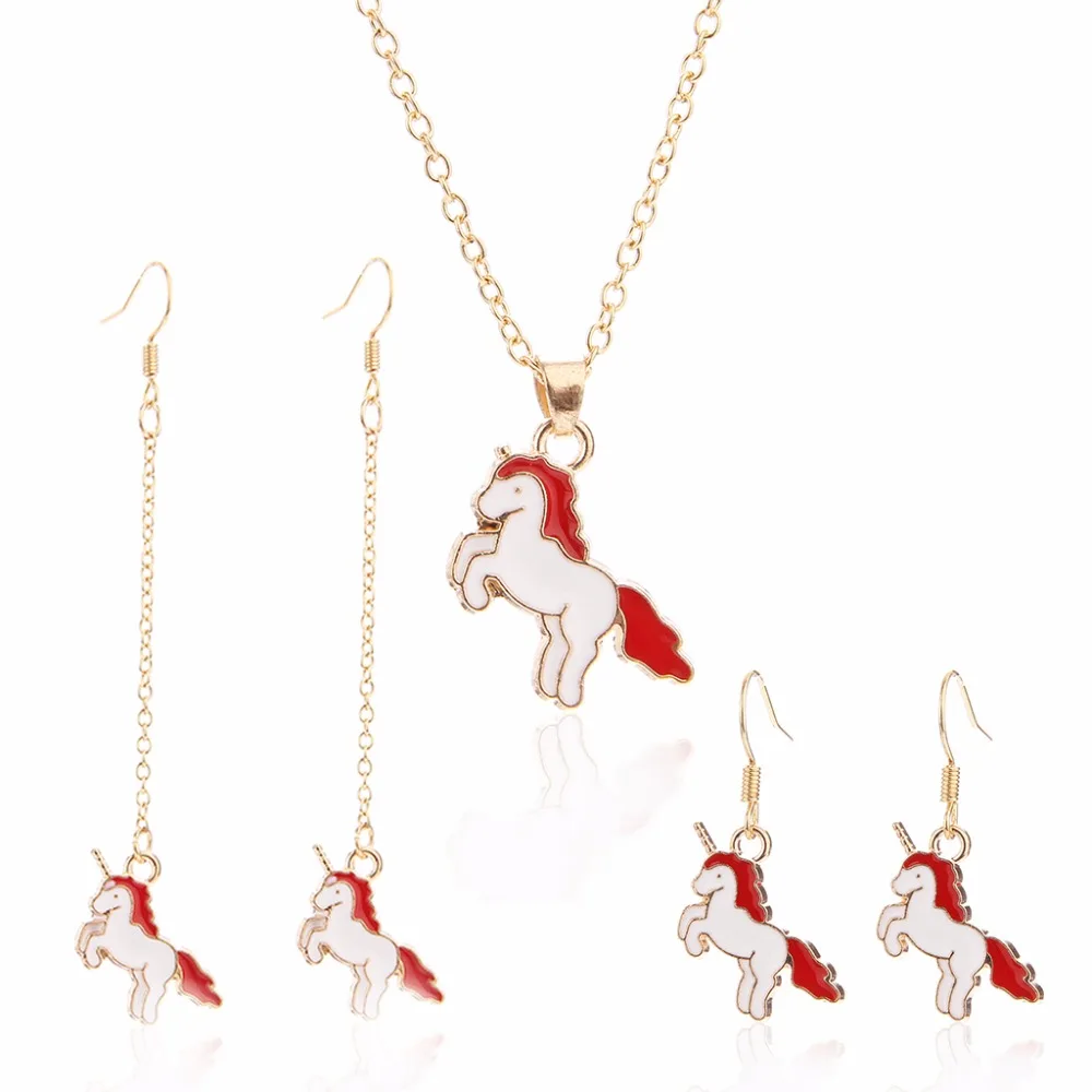 

Hot Cute Unicorn Child Pendant Necklace Cartoon Color Long Necklace Earrings Ladies Animal Jewelry Accessories Girl Party Gift