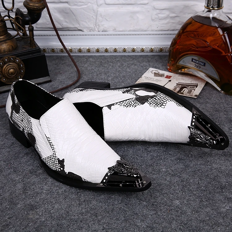 Для рождественской вечеринки Мужская обувь белая змея печати металлическим носком туфли-оксфорды для мужчин Туфли под платье Zapatos italianformal Обувь Свадебные