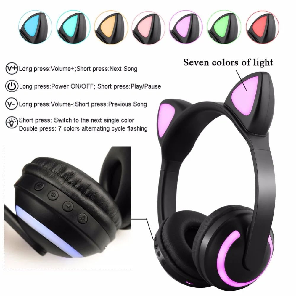 JINSERTA Bluetooth Stereo Cat Ear Headphones Flashing Glowing cat ear headphones Gaming Headset Earphone 7 Colors LED light