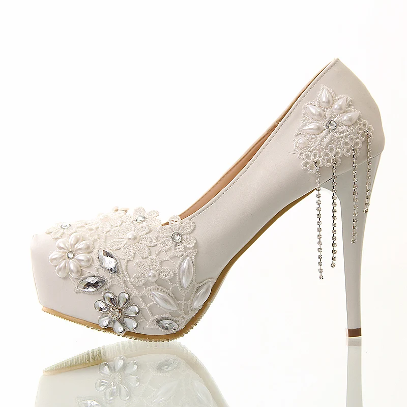 2016 single Rhinestone shoes font b women b font pumps white lace flower non slip high