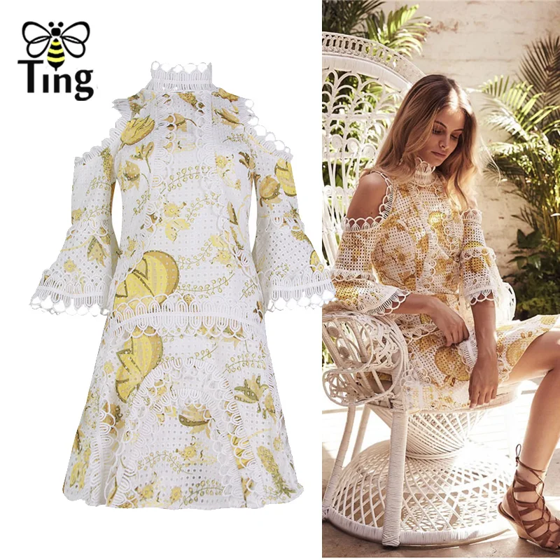 

Tingfly New Fashion Designer Runway Flare Sleeve Floral Mini Dress Lace Patchwork Hollow Out Cold Shoulder Short Dress Casual