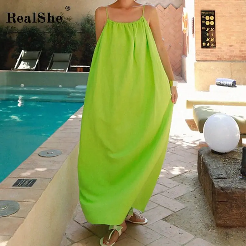 

RealShe 2019 Women Summer Dress Ladies O Neck Spaghetti Strap Long Dresses Woman Summer Casual Korean Style Maxi Loose Dress