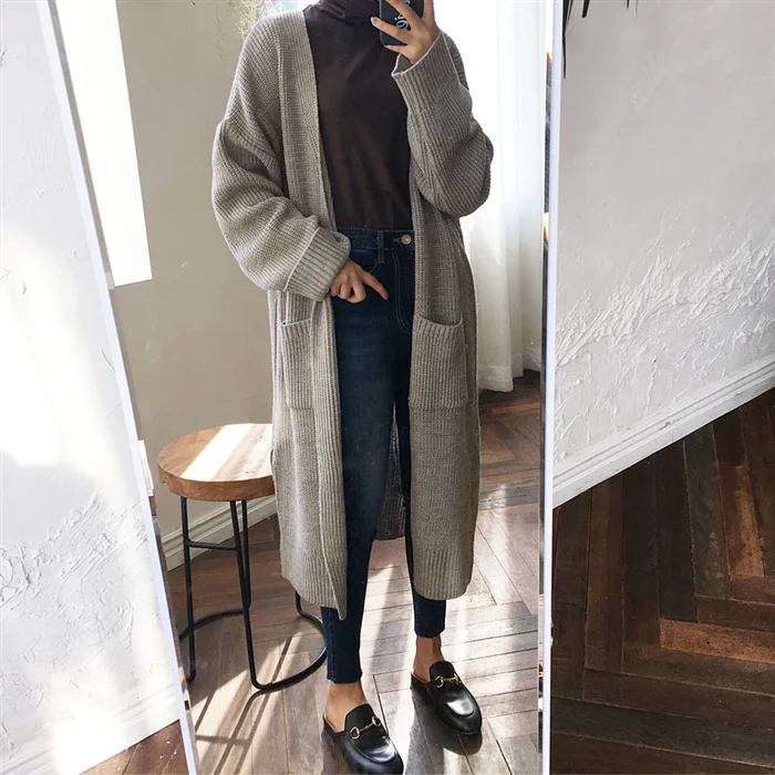 

Loose Open Cardigan Solid Pocket Split Long Sweater Knitwear Knitting Luxury Warm Outerwear Chaqueta Windbreaker Jumper Korean