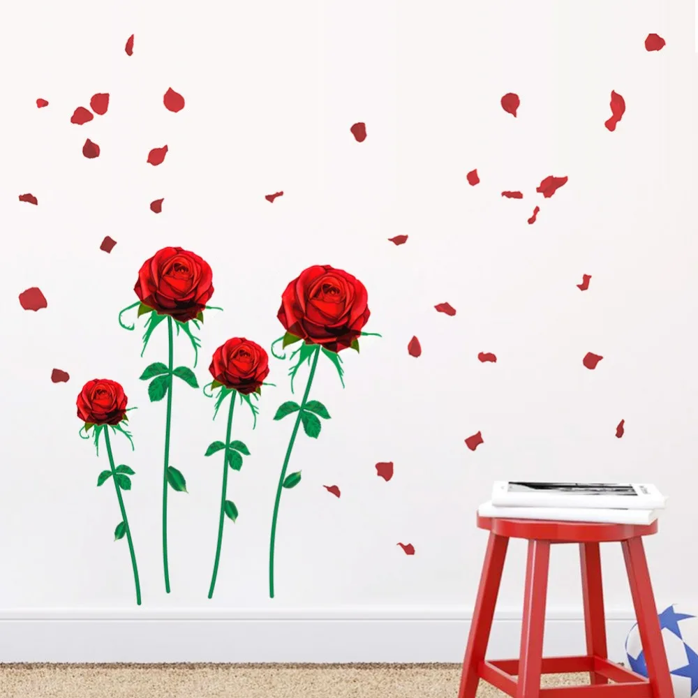 2017 new red rose wall stickers decals romantic plants DIY wallpapers