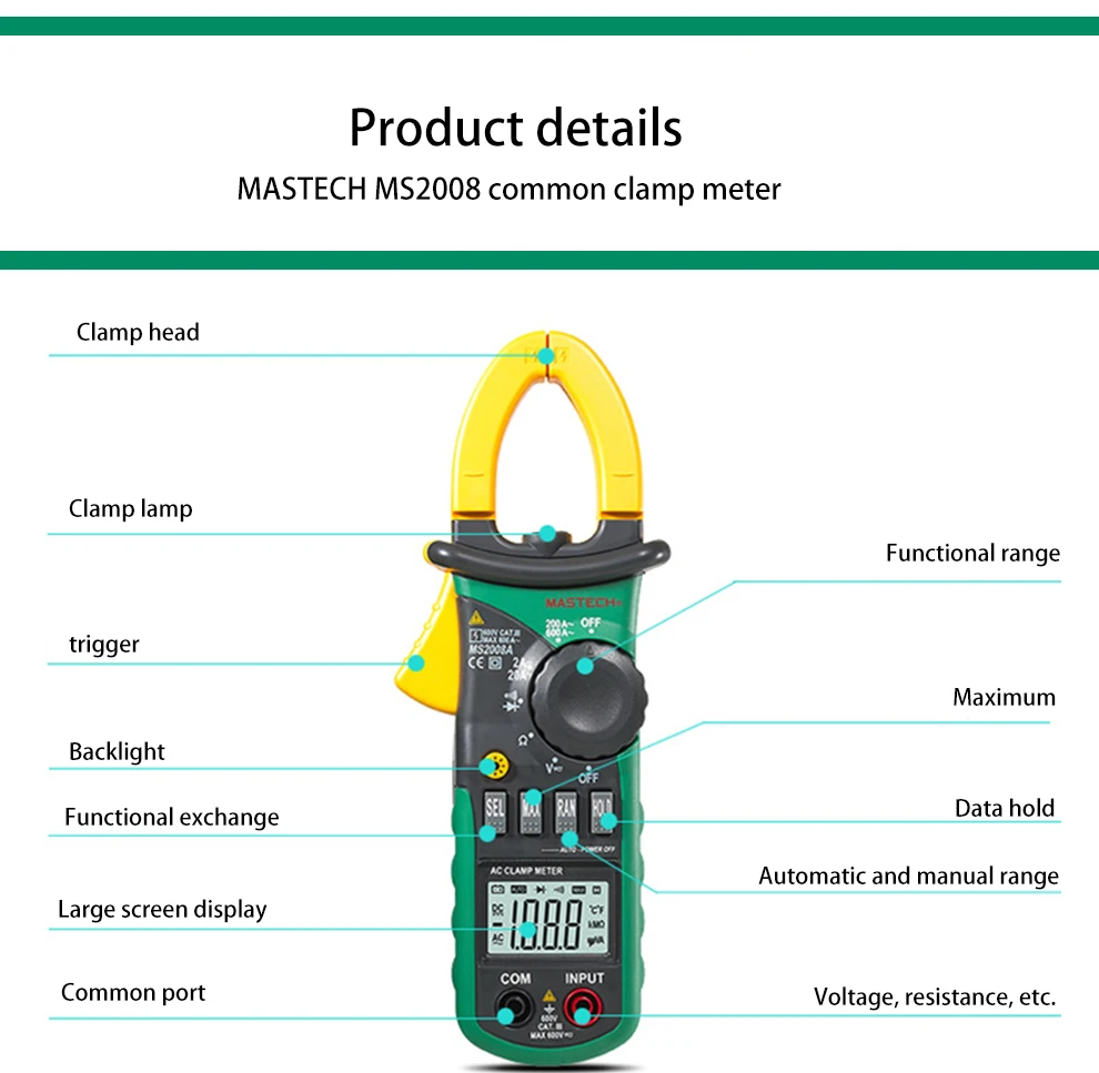 MASTECH MS2008B цифровой мультиметр Ампер клещи токовые клещи переменного тока AC/DC напряжение конденсатор сопротивление тестер