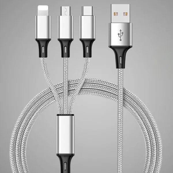 NOHON нейлон 3 в 1 Micro usb type-C зарядное устройство кабели для samsung Xiaomi освещение зарядный кабель 8 Pin для iPhone 7 8 6S Plus X XS - Цвет: Серебристый