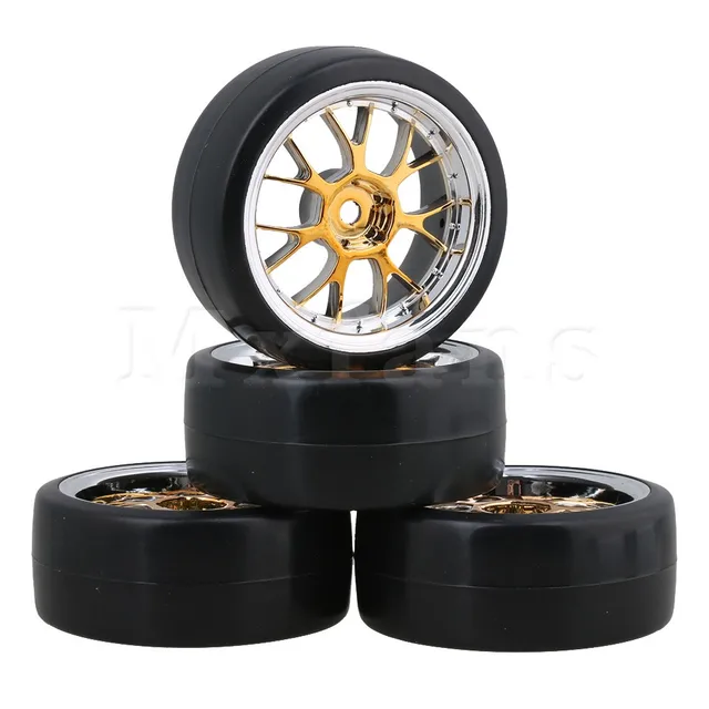 Special Price Mxfans Drift Smooth Tyres and Yellow Plating Y Shape Wheel Rims for RC 1:10 On Road Racing Car Pack of 4
