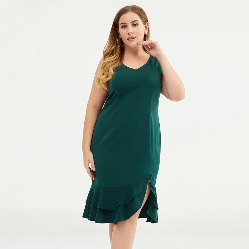 Buykud Sleeveless Solid Loose Vestidos Fashion Green Sleeveless Slit Hem Dress Party Robe Femme 2019 Plus Size L-3XL (7)
