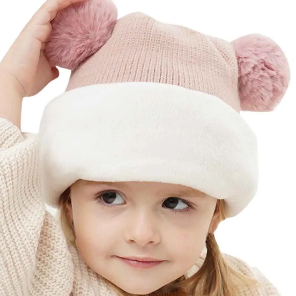 Милая шапка для маленьких мальчиков и девочек, детские зимние теплые шапки, вязаная шапка с двойными шариками, шерстяная шапка, нагрудник для детей, шапка