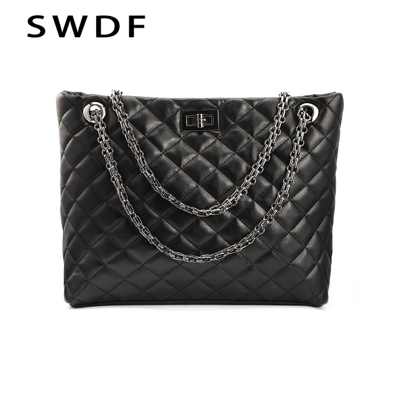 

SWDF Luxury Brand Women Plaid Bags Large Tote Bag Female Handbags Designer Black Leather Big Crossbody Chain Messenger Bag Girl