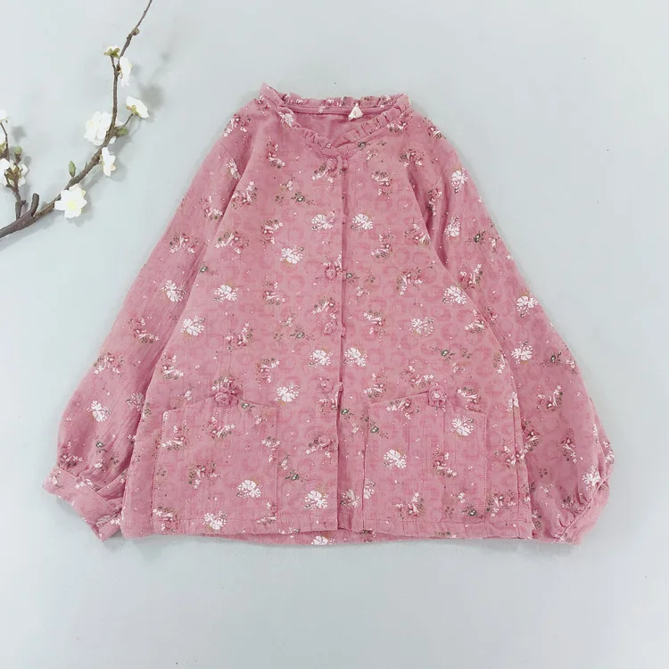 Рубашка в деревенском стиле с цветочным принтом, Плиссированный Воротник, красивый дизайн, пуговицы, хлопок, пряжа, длинный рукав, блузка, осень - Цвет: pink