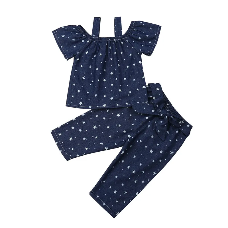 

PUDCOCO Newest 2020 Toddler Girls Sets Stars Denim Cloth Outfits Off Shoulder Tops+Pants Kids Party Girl Clothes Set 1-6T