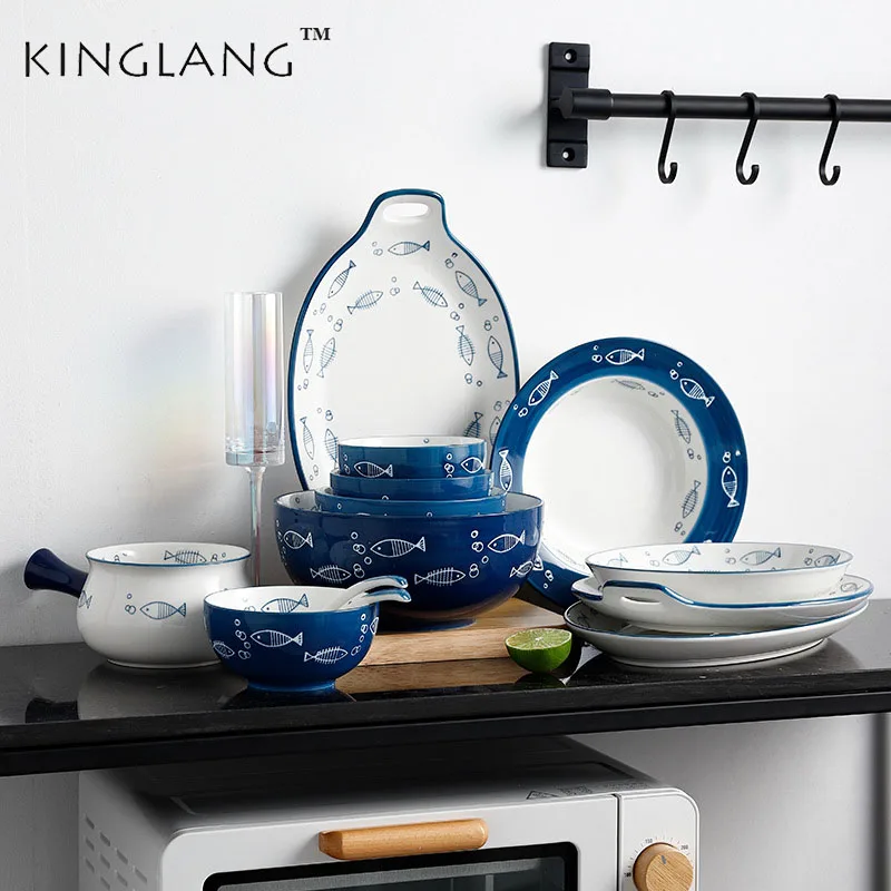 

KINGLANG Japanese glaze color creative fish tableware set breakfast set soup dish rice sushi plate Procelain pasta plate