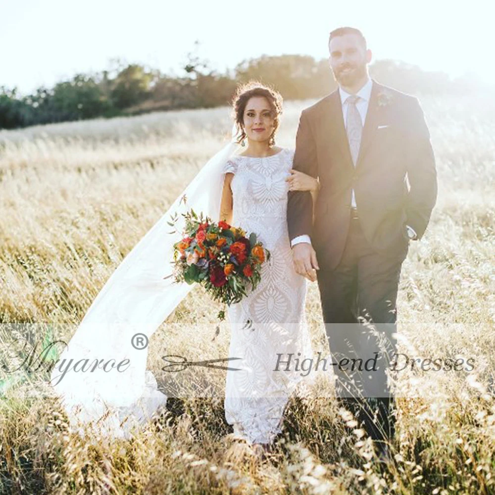 Mryarce Unique Lace Bohemian Wedding Dress With Cap Sleeves Open Back Mermaid Boho Bridal Gowns  (5)