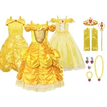 MUABABY платье принцессы Белль для девочек; роскошное платье с открытыми плечами; желтые Многослойные вечерние бальные платья; Детский карнавальный костюм на День рождения; карнавальный костюм